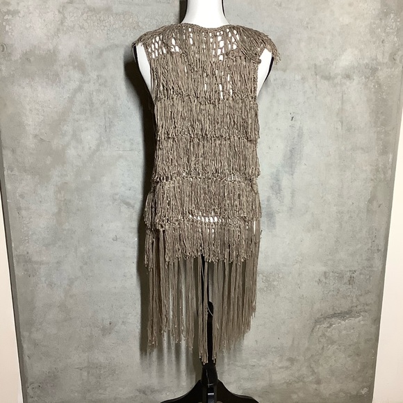 🍒 FRINGE VEST CROCHET NET MIDI DUDSTER BOHO CHIC TAN BOHEMIAN COUTURE COVER - Picture 8 of 9
